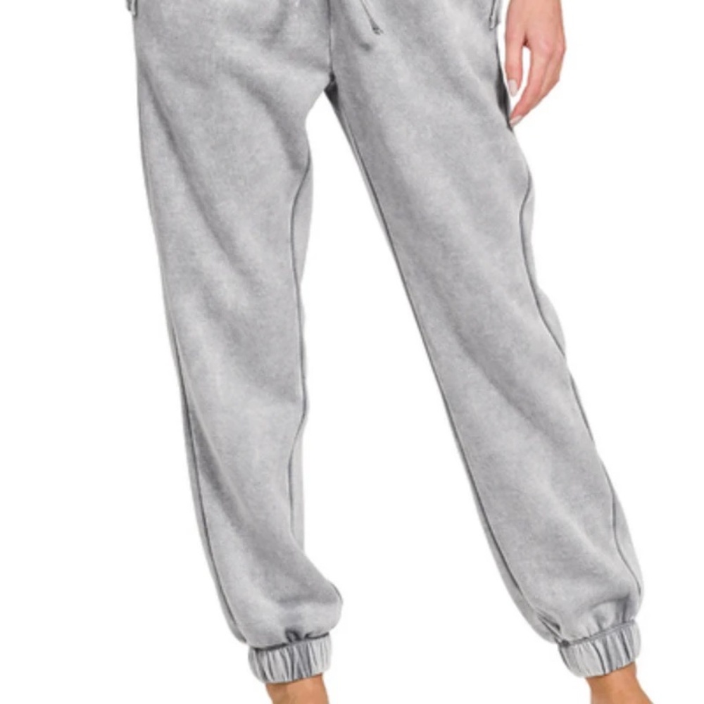 New Zenana Acid Wash Fleece Drawstring Sweatpants Grey Pockets Joggers - Picture 3 of 4